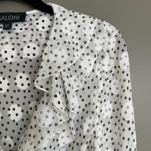 SALONI Iman Silk Wrap Blouse White Black Polka Dot Ruffles Sheer Contemporary - Picture 11 of 16